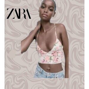 ZARA Floral Crop Top Strappy Back Crop Top Size Medium White Pink NWT